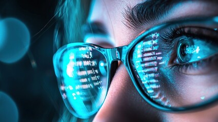Woman coding late, glasses reflecting code, dark room, tech concept