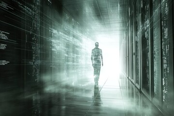 Person walks toward light in data center; code streams on walls; future tech concept