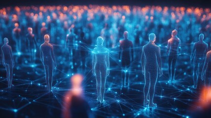 Global network connection, digital crowd, glowing nodes, abstract background, data visualization