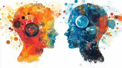 opposite minds communicating, abstract art, concept, background splashes, design