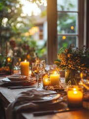 Poster - Elegant festive dining table set with glowing candles and fresh flowers for a warm evening gathering. Generative AI