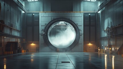 Sticker - Industrial Facility Steam Vent; Large Circular Door; Futuristic Warehouse; Science Fiction Background