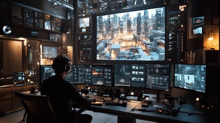 Cityscape Monitoring Technician in high-tech control room
