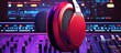 © STwul - Red headphones on studio mixer, digital audio workstation background, music production