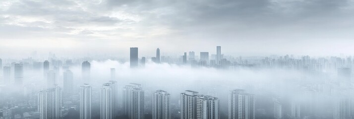 Poster - Dense smog blankets city skyline with industrial chimneys emitting thick smoke during overcast weather. Generative AI