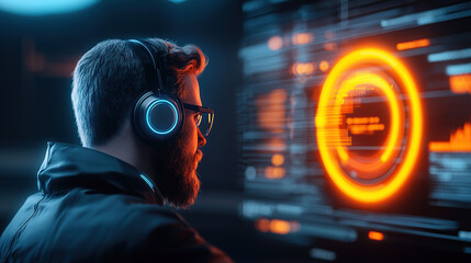 Wall Mural - man wearing headphones interacts with futuristic digital interface displaying glowing orange circula