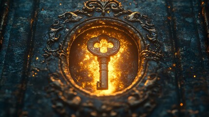 Wall Mural - Golden key inserted into an ornate vault door glowing with discount symbols mystical light radiating from the keyhole