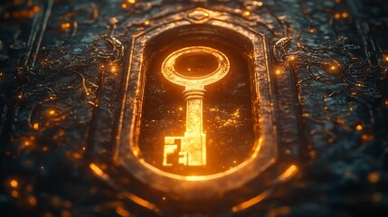 Wall Mural - Golden key inserted into an ornate vault door glowing with discount symbols mystical light radiating from the keyhole