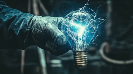 Sticker - Gloved hand holding glowing bulb, sparking energy, industrial background, innovation concept