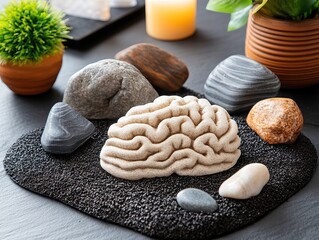 A creative arrangement of decorative stones with a brain-shaped centerpiece, surrounded by greenery and candles, evoking a tranquil, meditative atmosphere.