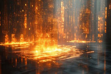 Fiery digital data stream, futuristic city, glowing floor, background light, tech concept