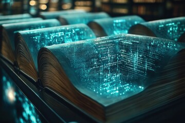 Glowing digital code in ancient books, library background, data concept