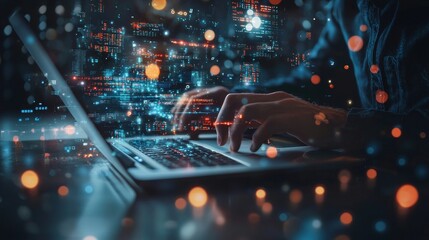 Digital Programmer in Dark Room - Analyzing Code on Laptop with Holographic Elements