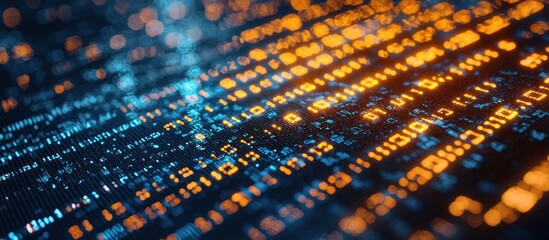 Digital code flows, glowing screen, bokeh background, tech concept