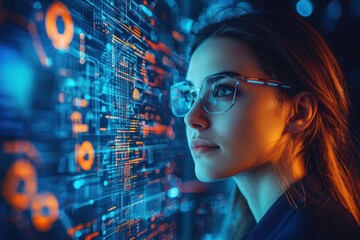 Woman analyzing digital data; futuristic interface; night setting; website banner