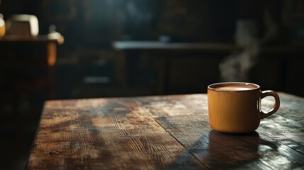 Aufkleber - Warm coffee cup with steam rising on rustic wooden table in cozy setting exuding comfort and tranquility. Generative AI