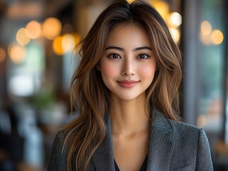 Young woman smiling confidently in a modern caf? with blurred lights in the background