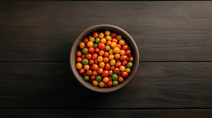 Poster - round ceramic bowl filled with colorful candy on wooden table. vibrant mix of red, orange, yellow, and green candies creates cheerful and inviting display