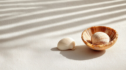 Poster - Minimalist composition featuring light brown seashells in bowl, casting soft shadows on textured surface. serene and calming arrangement evokes beachy atmosphere