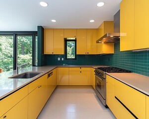 Wall Mural - A modern kitchen featuring vibrant yellow cabinets and teal backsplash, surrounded by large windows that offer a scenic view.