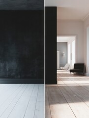 Leinwandbilder - Contrast between outdated dark interiors and bright modern renovated design showcasing transformation in room aesthetics. Generative AI