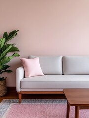 Wall Mural - A modern living room featuring a light gray sofa with a pink pillow, a wooden coffee table, and a leafy plant against a soft pink wall.