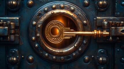 Wall Mural - Vintage golden key unlocking an ornate discount-themed vault door radiant light streaming out