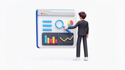 Wall Mural - A person in a business suit interacts with a digital interface displaying graphs, charts, and search elements, symbolizing data analysis and insight.