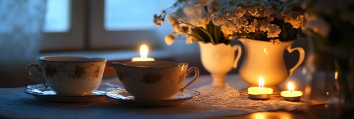 Poster - Elegant festive dining table with glowing candles and fresh flowers in a cozy evening setting. Generative AI