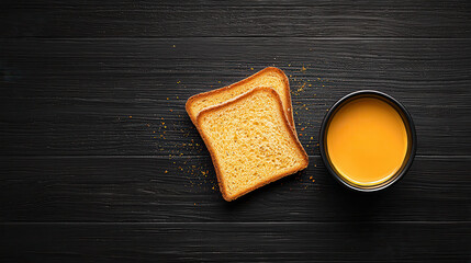 Aufkleber - Toasted bread slice with cup of orange juice on dark wooden surface, creating warm and inviting breakfast scene