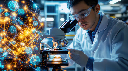 Fototapete - scientist examines samples under advanced microscope, showcasing intricate details of cellular structures and vibrant data visualization