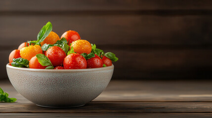 Aufkleber - Fresh cherry tomatoes and basil leaves in ceramic bowl, vibrant colors and textures create delightful presentation. Perfect for salads or garnishing dishes