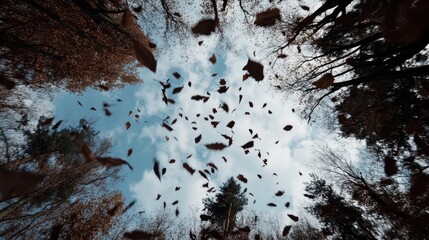 Wall Mural - Slow motion bottom-up cinematic view of brown leaves falling from autumn sky