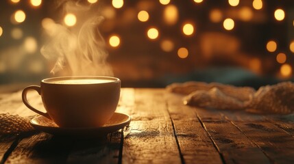 Poster - Warm coffee cup on rustic wooden table surrounded by soft lighting at a cozy cafe. Generative AI