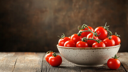 Aufkleber - Fresh red tomatoes in ceramic bowl on wooden table, showcasing their vibrant color and natural beauty. Perfect for culinary use or decoration