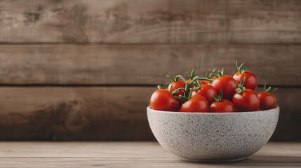 Aufkleber - Fresh cherry tomatoes in ceramic bowl on wooden table, showcasing vibrant colors and natural textures. Perfect for healthy recipes and culinary presentations