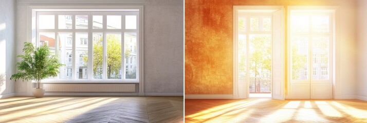 Leinwandbilder - Transforming a dim, traditional room into a bright, modern living space with large windows and an inviting atmosphere. Generative AI