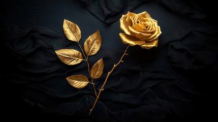 Poster - golden rose with radiant petals and shimmering leaves, beautifully arranged against dark background, evokes sense of elegance and luxury