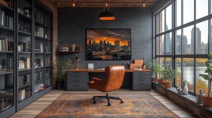 Poster - A Sophisticated Home Office with Cityscape Art and Expansive Views: A Blend of Modern Design and Natural Elements for Inspired Productivity.