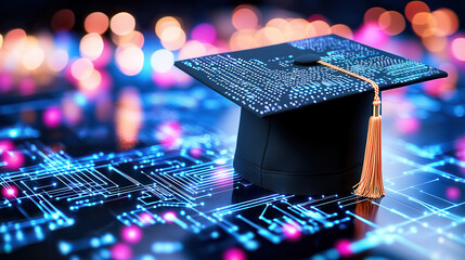 Poster - graduation cap with digital enhancements, symbolizing technology and education, set against vibrant, colorful background