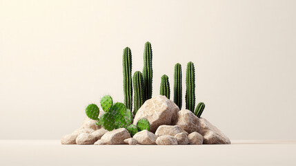 Aufkleber - Realistic cacti arrangement on rocks, showcasing dark green smooth surfaces and natural textures. This serene composition evokes sense of tranquility and connection to nature