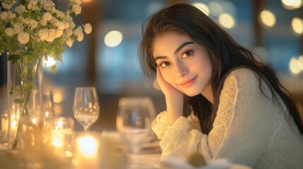 Poster - Elegant festive dining table setting with glowing candles and flowers during a special evening gathering. Generative AI