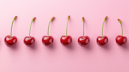 Poster - Fresh dark red cherries arranged in row on pink background, showcasing their glossy texture and vibrant color, perfect for summer desserts or healthy snacks