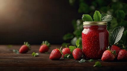 Aufkleber - glossy jar of strawberry jam surrounded by fresh strawberries and green leaves, creating vibrant and inviting still life scene