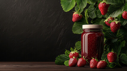 Aufkleber - jar of strawberry jam surrounded by fresh strawberries and green leaves, creating vibrant and inviting still life composition