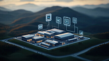 Aufkleber - high tech industrial complex surrounded by mountains, featuring illuminated buildings and digital icons representing technology and connectivity