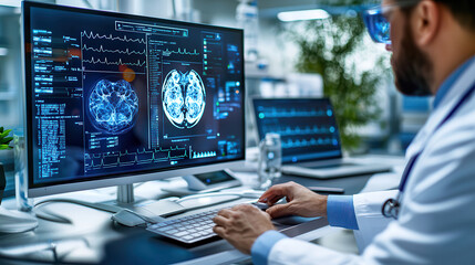 Aufkleber - High tech medical research facility with doctors analyzing brain scans on computer. Advanced technology and data visualization enhance medical diagnostics and treatment