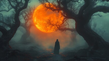 Wall Mural - A shadowy figure walking through a foggy forest with twisted trees and an eerie orange moon overhead