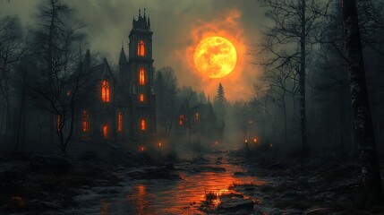 An abandoned village with eerie lights and twisted trees under a haunting orange moon