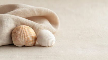 Aufkleber - peaceful serene scene featuring two seashells resting on soft fabric. warm tones and gentle textures create calming atmosphere, perfect for relaxation